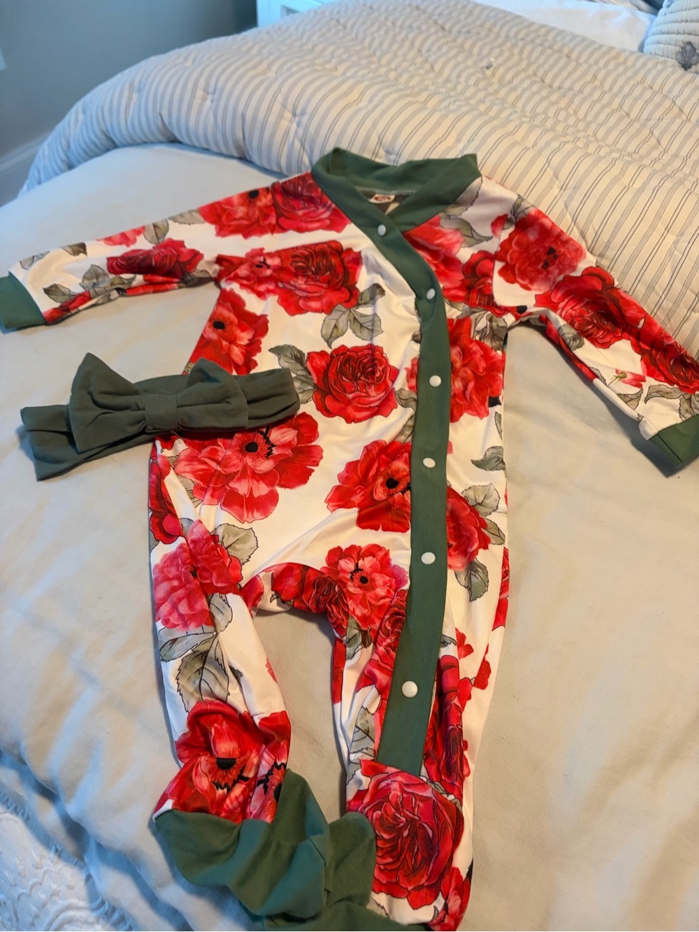 Floral Red Rose Baby One-Piece with Green Trim